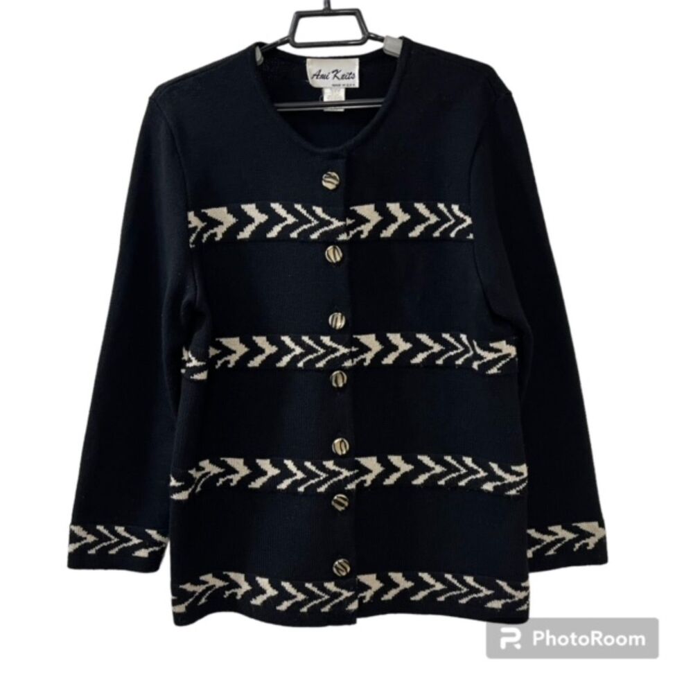 VTG Ami Knits Womens Black White Round Neck Long Sleeve Cardigan Sweater Sz 14